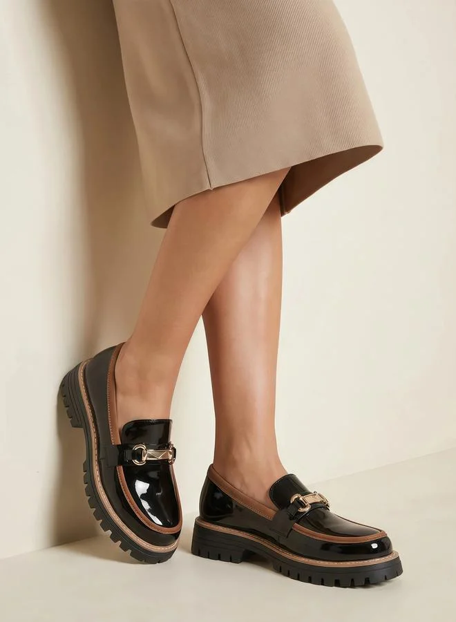 Take Two  Black Metal Buckle Detail Thick Sole Platform Loafers for Women | Best Price UAE